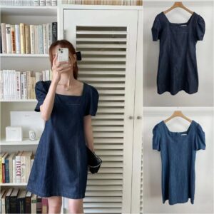 牛仔澎澎袖短洋裝